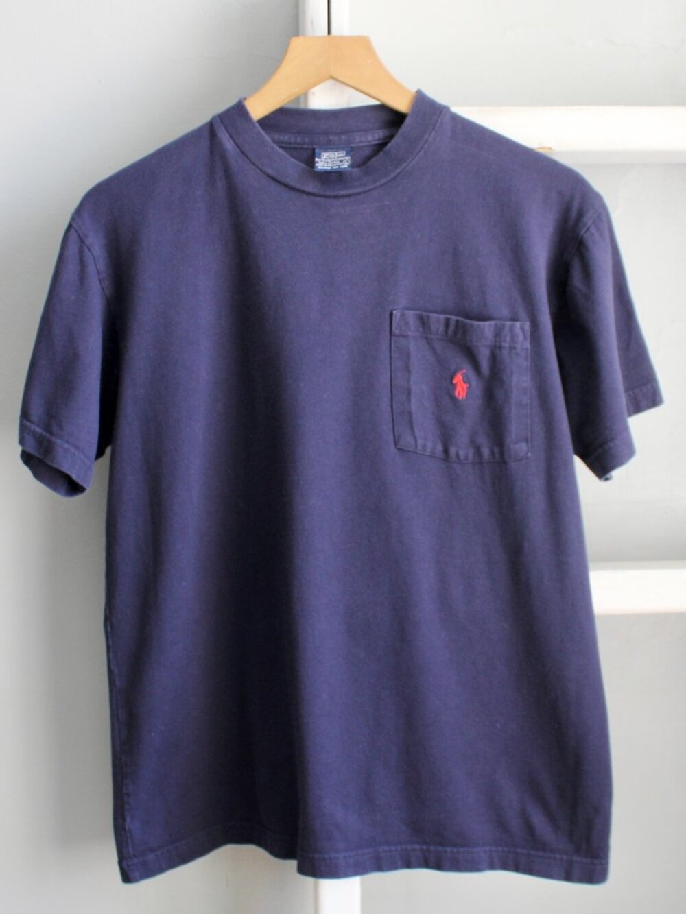 POLO Ralph Lauren VTG Navy Blue Cotton T-Shirt with Chest Pocket Logo Size Large